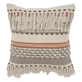 18" X 18" Beige and Red Striped Cotton Zippered Pillow With Fringe