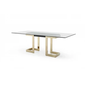 87" Clear And Gold Glass And Stainless Steel Double Pedestal Base Dining Table