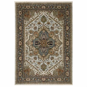 8' X 11' Ivory Beige Blue Orange Gold Green Grey And Rust Oriental Power Loom Stain Resistant Area Rug With Fringe