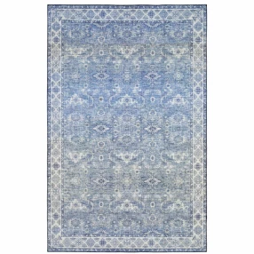 power loom stain resistant area rug with grey and electric blue pattern