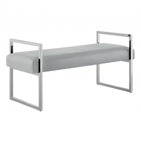 21" Gray and Silver Upholstered Faux Leather Bench