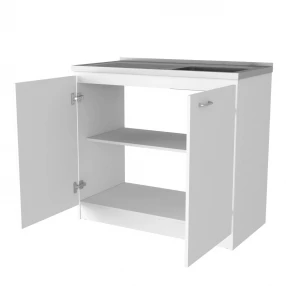 White stainless steel accent cabinet shelves with sink tap and cabinetry in kitchen
