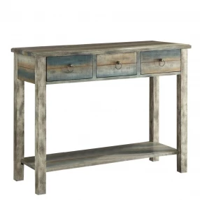 42" X 16" X 32" Antique White And Teal Wooden Console Table