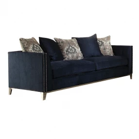 95" Blue Velvet And Black Sofa With Five Toss Pillows