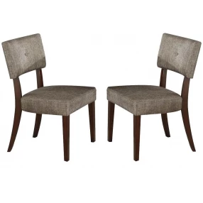 Gray fabric espresso side chair with wood armrests and comfortable rectangle design