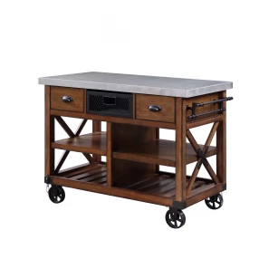 Brown And Silver 48" Rolling Kitchen Cart With Storage