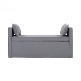 Light gray black upholstered linen bench with wood accents suitable for outdoor furniture