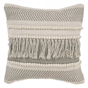 20" X 20" Beige and Ivory Chevron Cotton Zippered Pillow With Fringe