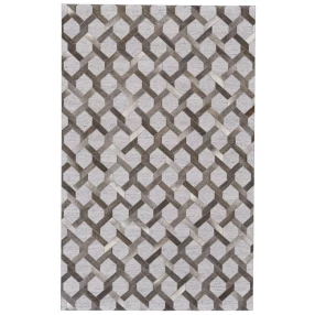 silver geometric hand woven area rug in grey beige and brown tones