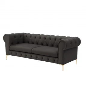 87" Brown Faux Leather Chesterfield Sofa With Gold Legs