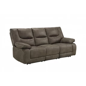 87" Gray Faux Leather Reclining USB Sofa With Black Legs
