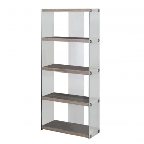 glass wood four tier etagere bookcase with shelves and metal frame