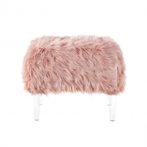 19" Rose Faux Fur And Clear Ottoman