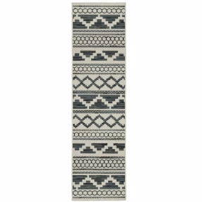 2' X 7' Blue and Beige Geometric Stain Resistant Indoor Outdoor Area Rug