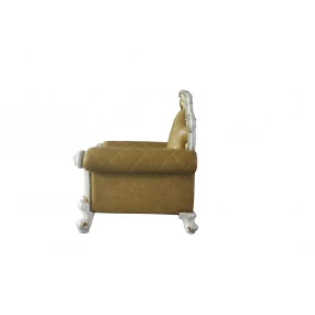 Pearl faux leather tufted arm chair with comfortable wood armrests and elegant design