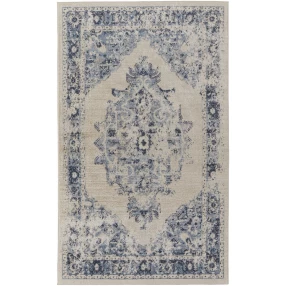 8' X 10' Ivory And Blue Floral Power Loom Distressed Area Rug