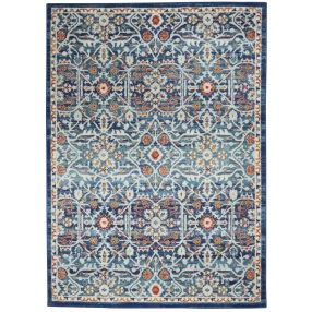 ivory floral power loom area rug with blue symmetrical pattern and artistic motif