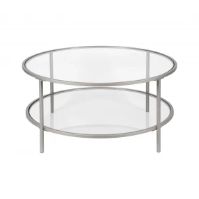 36" Silver Glass And Steel Round Coffee Table With Shelf