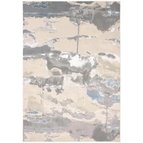 blue abstract stain resistant area rug with beige and rectangle design