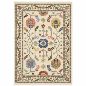 3' X 5' Ivory Green Blues Pink Yellow Rust Brown Tan And Grey Oriental Power Loom Stain Resistant Area Rug With Fringe