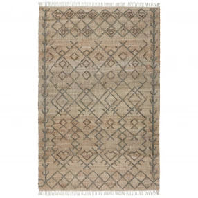 gray moroccan hand woven area rug with beige and brown pattern on wood flooring