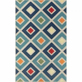 5' X 8' Blue And Ivory Geometric Stain Resistant Indoor Outdoor Area Rug