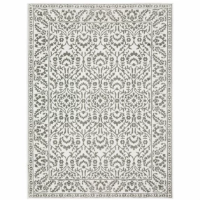 6' X 9' Grey And White Floral Power Loom Stain Resistant Area Rug