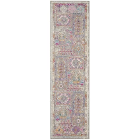 gray abstract power loom runner rug with magenta pattern in rectangular shape