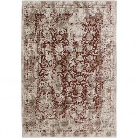 red oriental area rug with fringe in brown and beige rectangular pattern