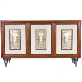 Leather Capiz Shell Inlay Sideboard with Artistic Wood and Metal Pattern