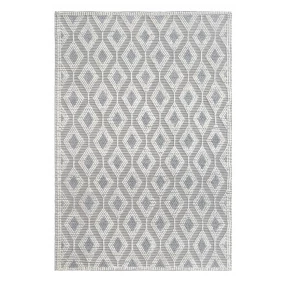 gray geometric dhurrie area rug with rectangle and circle patterns