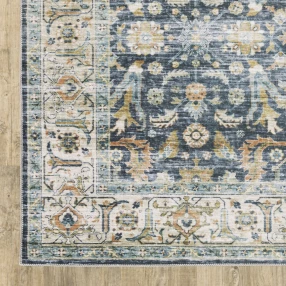 4' X 6' Blue Gold Rust Ivory And Olive Oriental Printed Stain Resistant Non Skid Area Rug