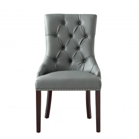 Set of Two Tufted Light Gray and Espresso Upholstered Faux Leather Dining Side Chairs
