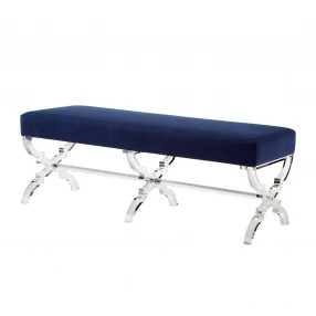 48" Navy Blue And Clear Upholstered Velvet Bench