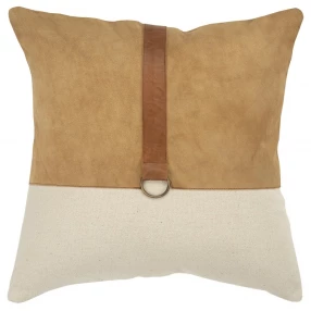 Beige leather band modern throw pillow with brown wood texture and fashion accessory elements