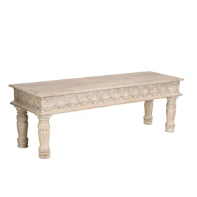 58" White Distressed and Carved Solid Wood Dining bench