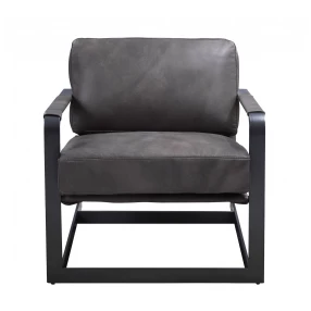 28" Gray Black Top Grain Leather And Steel Solid Color Arm Chair