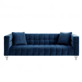 88" Navy Blue Velvet and Clear Sofa and Toss Pillows