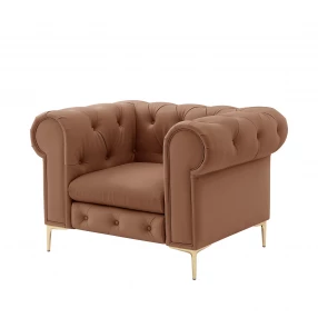 34" Camel And Gold Faux leather Tufted Chesterfield Chair