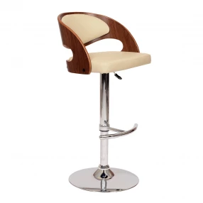 24" Cream And Brown Faux Leather And Solid Wood Swivel Low Back Adjustable Height Bar Chair