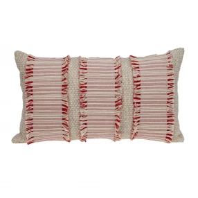 Boho beige pink throw pillow with elegant pattern and carmine accents