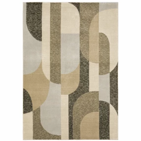 ivory geometric power loom area rug with beige and brown pattern