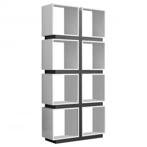white wood eight tier cube bookcase with shelving and vases