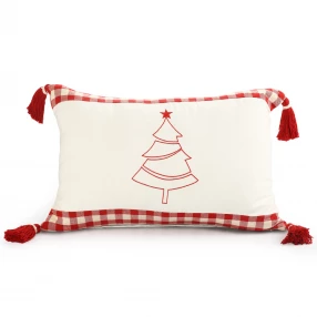 16" X 24" Red and White Christmas Tree Cotton Zippered Pillow With Tassels