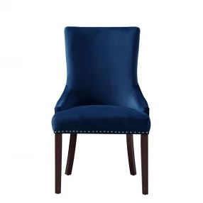Set of Two Tufted Navy Blue and Espresso Upholstered Velvet Dining Side Chairs