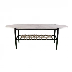 52" Black and White Metal and Faux Marble Boho Rope Oval Coffee Table