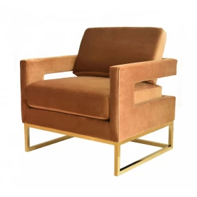 Stylish Camel Velvet And Gold Steel Chair