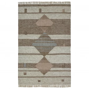 handmade stain resistant area rug with beige fringe and brick pattern
