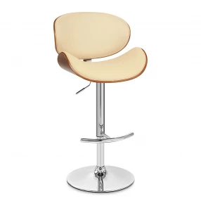 25" Cream And Silver Faux Leather And Solid Wood Swivel Low Back Adjustable Height Bar Chair