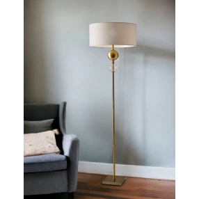 69" Brass Steel and Glass Floor Lamp With Off White Fabric Drum Shade